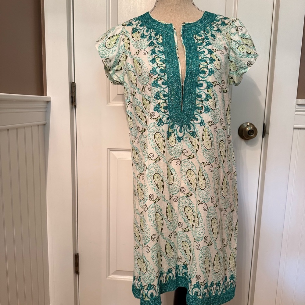 ⭐️CALYPSO ST. BARTH DRESS MINI WHITE GREEN SHIFT CAP SLEEVE Y-NECK SIZE M